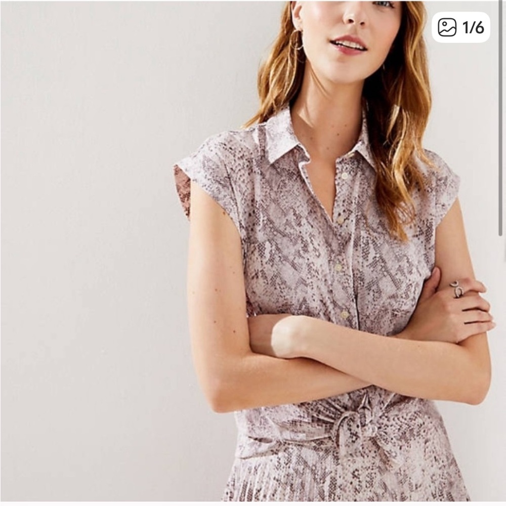 LOFT Snake Print Cap Sleeve Button Down Blouse